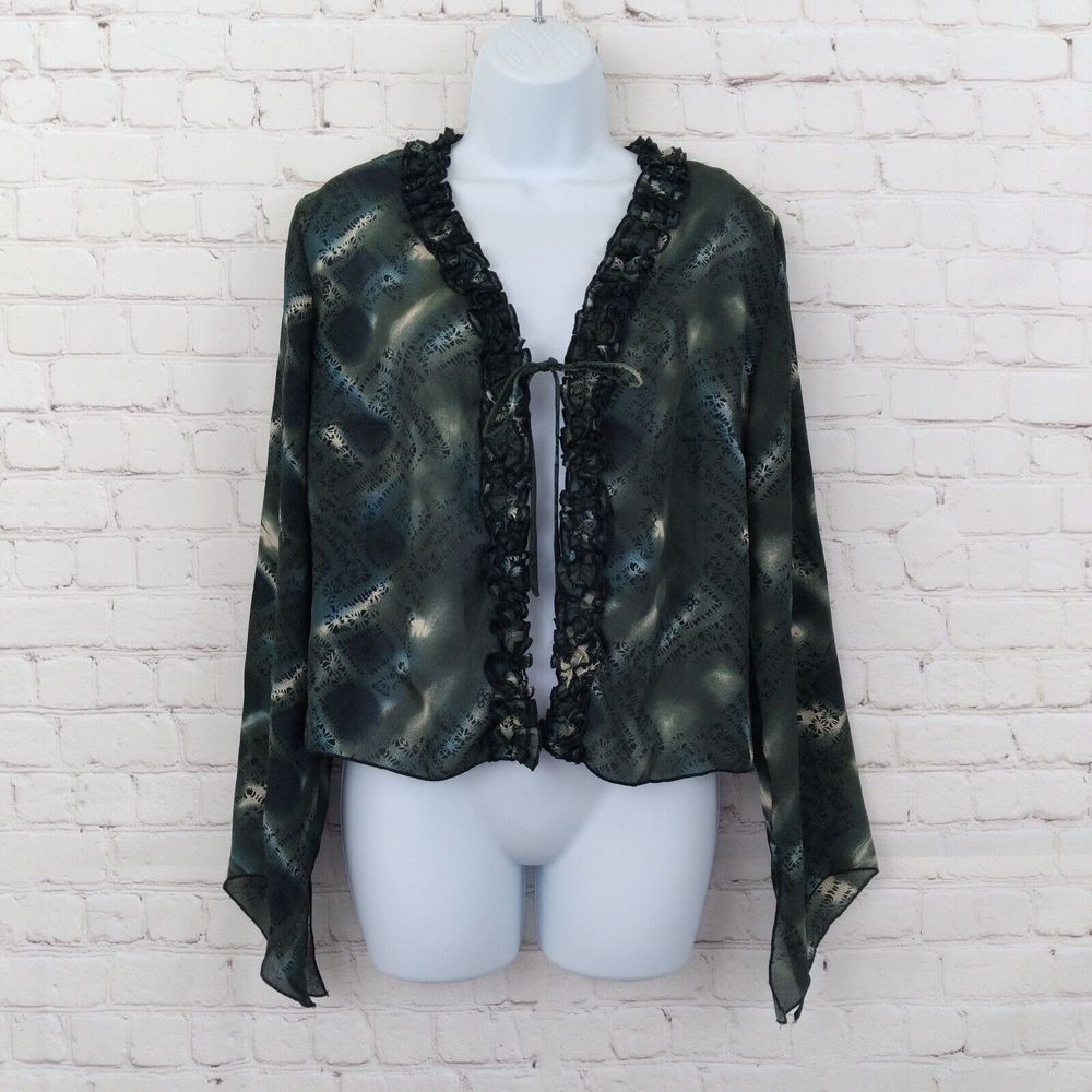 Dress U By Sharon Top Womens 8 Green Floral Tie Front Ruffle Trim V Neck 90s Y2K